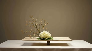 Zen-inspired minimalist floral arrangement, masterpiece of Ikebana art, captured in outstanding photography style, soft natural lighting, harmonious composition, delicate balance, serene and calming atmosphere, subtle earthy tones, emphasis on simplicity and elegance, focus on spatial harmony, Japanese aesthetic principles, contemplative and meditative mood.