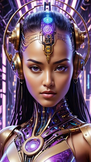 Epic Heroic Movie Poster Portrait of the Goddess of Information Technology and Artificial Intelligence, cybernetically wired into the internet of all things, universal knowledge of past present and future, beautiful indian-asian face, young Polynesian woman model, gorgeous, photorealistic, futuristic surrealism, maximalist, natural transgender beauty, smooth translucent skin, hyper detailed, centered, symmetrical, golden ratio, fractal background matrix, epic, vibrant, fantasy science fiction style, matte digital painting movie poster, neon fiber optics, platinum, obsidian, jade, sapphire, attractive, ethereal, vivid colors, LEDs, cyberpunk, hacker, the Akashic records, Blade Runner, The Matrix, Neuromancer, art style of Sakura, sharp focus, masterpiece, Mucha, intricate eyes, retrofuturism style, intricate details, ominous, intricate, production cinematic character render, ultra high quality model, in the midst of a cinematic cyberpunk fantasy circuit board and fiber optic wire backdrop, "Craft an image of a cybernetic Hi-Tech glowing glassy creature in a menacing, purple and gold-lit cyberpunk landscape." Challenge artists to infuse the model with a deadly and ominous allure, emphasizing its glowing red glassy connections. Explore intricate details of the cybernetic design against the backdrop of a futuristic and eerie environment, creating a masterpiece,cowboy shot,