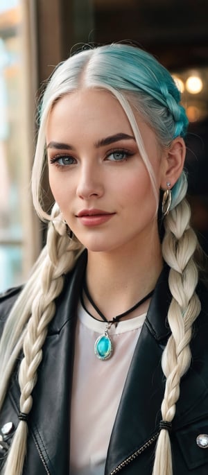 Generate hyper realistic image of a woman with long white hair, twin braids cascading down her shoulders. She gazes at the viewer with aqua eyes, a gentle smile gracing her lips. She wears a jacket and belt, her upper body slightly blurry against the indoor background. Adorned with earrings and a choker, she holds a cup, her head tilted inquisitively. Subtle black makeup and an ear piercing add to her unique charm.