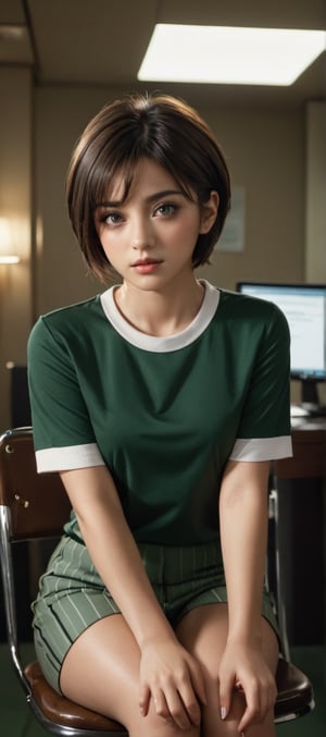 ((Top quality)), ((Masterpiece)), girl with neat hairstyle, ((full body shot,)) green horizontal striped t-shirt, beautiful eyes, (brown eyes), black short hair, intricate details, very detailed eyes , small mouth, medium breasts, movie image, soft light lighting, perfect face, provocative pose, strong charisma, wearing a dark brown suit, sitting on a chair at work and looking at documents,