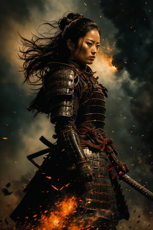 Physical rendering, portraits, ultra-fine paintings, extremely detailed descriptions, Akira Kurosawa's movie-style posters, and full-body shots of a 28-year-old girl embody the samurai spirit of Japan's Warring States Period, with a mysterious female warrior wearing armor and waving a sparkling Seemingly bursting with wordless power, this striking depiction of the Katana Samurai depicts a ferocious and formidable female warrior in battle. The image demonstrates the intensity of the warrior woman's gaze and the intricate craftsmanship of the armor. Each intricately detailed depiction mesmerizes the viewer, immersing them in the extraordinary skill and artistry captured in this extraordinary piece, surreal, Vincent van Gogh style, FW Murano style, GALAXY full body armor , black smoke column, 135mm, detailed key vision, dark atmospheric effects, highly realistic epic ultra-wide-angle lens,