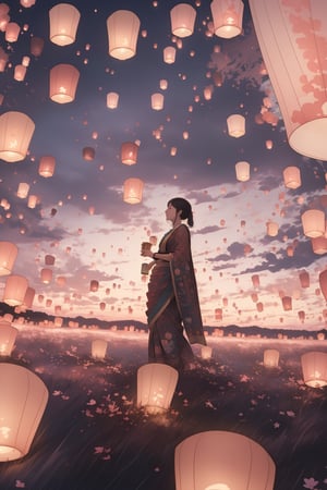 (masterpiece, best quality, highres:1.3), (1girl:1.3), ((solo)), lantern festival, traditional indian saree, sky full of lanterns, breathtaking, volumetric light