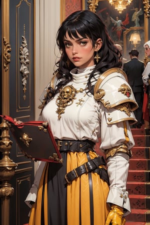 tanned middle-aged woman, curly dark hair,  dressed in a yellow evening dress, yellow armor, gloves and epaulettes, with a luxurious hall in the background,armor