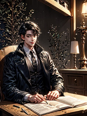Front view,best quality, elaborate details, worn dark wallpaper in the background, a man with short black hair, wearing a black overcoat and a white ship's shirt, sitting at a luxurious wooden executive desk. Hands folded on the desk, smiles on his face.,1 girl