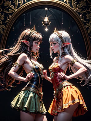 Distant front view, better quality, elaborate details,no peaple on background, worn dark wallpaper in the background, small stage, two adult girls, sisters, twins, elves, dressed in carnival costume, dancing together, calm expression, plastic movements.