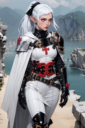 1girl,a white skinned musclar female, long-hair, single white skinned female, white skin, white hair, yellow eyes, medium breasts, muscular woman, elf,,(((onmyouji))),(((suikan))),armor,(White cloak with red decoration),(((one black gauntlet and glove))),((silver long ponytail hair)),((Walking on the cliff)),1 girl