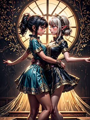Distant front view, better quality, elaborate details,no people on background, worn dark wallpaper in the background, small stage, two adult girls, twins, elves, dressed in carnival costume, dancing together, calm expression, plastic movements,no children