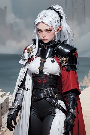 1girl,a white skinned musclar female, long-hair, single white skinned female, white skin, white hair, yellow eyes, medium breasts, muscular woman, elf,,(((onmyouji))),(((suikan))),armor,(White cloak with red decoration),(((one black gauntlet and glove))),((silver long ponytail hair)),((Walking on the cliff)),1 girl