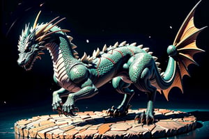 Full-length dragon, a green dragon on a black background,stands on two legs, no wings, Look from a distance,More Detail