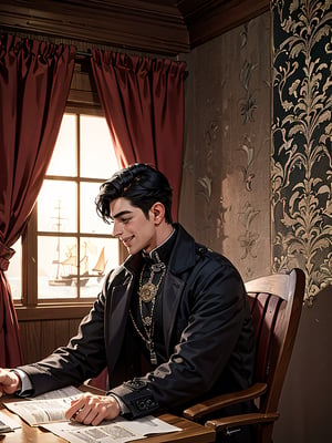 Front view,best quality, elaborate details, worn dark wallpaper in the background, a man with short black hair, wearing a black overcoat and a white ship's shirt, sitting at a luxurious wooden executive desk. Hands folded on the desk, smiles on his face.