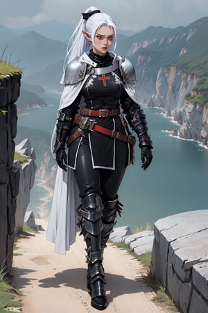 1girl,a white skinned musclar female, long-hair, single white skinned female, white skin, white hair, yellow eyes, medium breasts, muscular woman, elf,,(((onmyouji))),(((suikan))),armor,(White cloak with red decoration),(((one black gauntlet and glove))),((silver long ponytail hair)),((Walking on the cliff)),1 girl