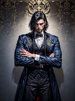 Front view, better quality, elaborate details, worn dark wallpaper in the background, man with short black hair, large facial hair, dressed in a dark blue tailcoat and white shirt, standing with folded arms on his chest, and a serious expression on his face,werewolf 