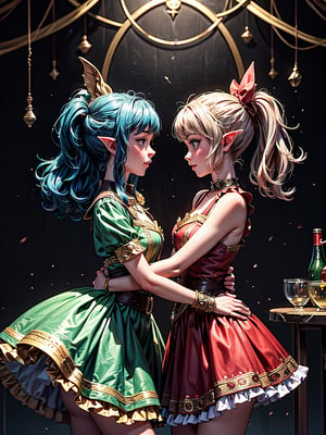 Distant front view, better quality, elaborate details,no people on background, worn dark wallpaper in the background, small stage, two adult girls, twins, elves, dressed in carnival costume, dancing together, calm expression, plastic movements.