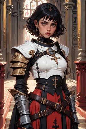 tanned middle-aged woman, curly dark hair, freckles on her face, dressed in a yellow evening dress,armor, gloves and epaulettes, with a luxurious hall in the background,armor