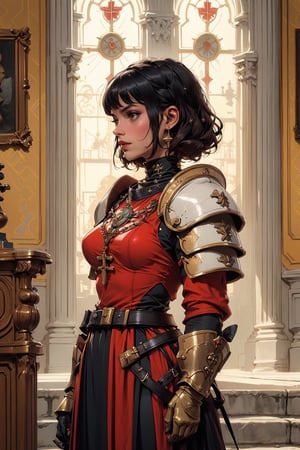 tanned middle-aged woman, curly dark hair,  dressed in a yellow evening dress, yellow armor, gloves and epaulettes, with a luxurious hall in the background,armor