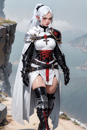 1girl,a white skinned musclar female, long-hair, single white skinned female, white skin, white hair, yellow eyes, medium breasts, muscular woman, elf,,(((onmyouji))),(((suikan))),armor,(White cloak with red decoration),(((black gauntlet and glove))),((silver long ponytail hair)),((Walking on the cliff)),1 girl