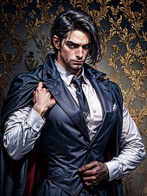 Front view, better quality, elaborate details, worn dark wallpaper in the background, man with short black hair, large facial hair, dressed in a dark blue tailcoat and white shirt, standing with folded arms on his chest, and a serious expression on his face,werewolf 
