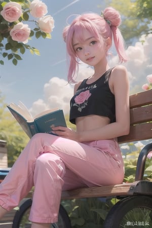 1 French-Japanese girl, full body,  small breasts, looking at viewer, blue eyes, buns hair, holding, standing, pastel tee, baggy ankle long parachute jogger pants, sneakers, sleeveless crop top, midriff ,garden background, 
(([She is sitting on a bench while reads a book, the book is very cute its pink and has a rose on its cover])),pastelbg,pastel colors