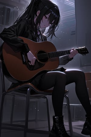 Extreme detailed, (masterful), 1girl, playing guitar, in a classroom, surrounded by empty chairs, dim lighting, [fretting], 
BREAK 
she is with her legs crossed, she's in black stockings. 
