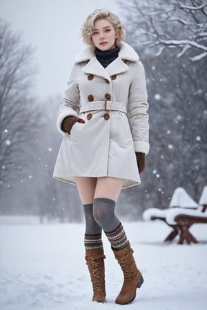 masterpiece, best quality, highres, 1girl, solo, short hair, wavy hair, Russian girl, white  skin, blond, in a winter coat, snowing, snowly background, multicolored hair, small breasts, winter boots, looking at viewer, full body, 
BREAK 
photorealistic, real, realistic, cowboy shot, gray winter stockings, realistic winter brown coat,photo r3al