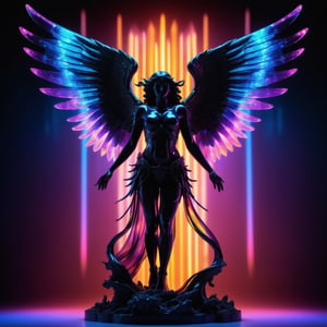 Ultra detailed illustration of the dark silhouette of a rotten archangel, phantasmagorical figure, (((translucent creature:1.5))), (((translucent:1.5))), art by Mschiffer, neon lights, light particles, colorful, cmyk colors, strong backlit, back lights