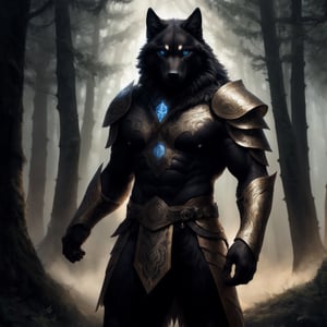A resilient and fierce male warrior, his piercing blue eyes radiating an otherworldly glow, stands heroically alongside a sleek black wolf amidst the mystifying mist of dense woodland. This breathtaking image, portrayed through a stunning oil painting, captures the warrior's unwavering strength and the wolf's enigmatic presence in exquisite detail. Every brushstroke masterfully highlights the warrior's muscular physique, adorned in intricately etched armor, while the wolf's glossy fur shimmers against the ethereal backdrop. This mesmerizing visual compels viewers to delve into a realm where courage and companionship intertwine, evoking a sense of awe and admiration.