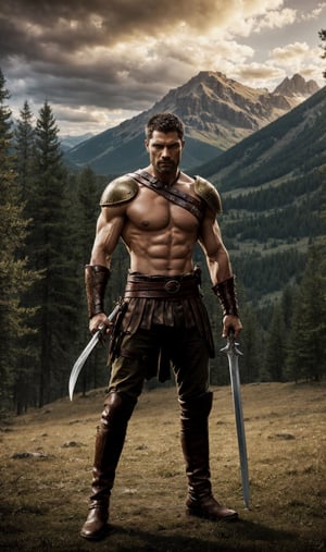 Spartacus, yellow eyes,  standing, full body, strong, with sword, forest, mountain,Stylish,Man,photorealistic