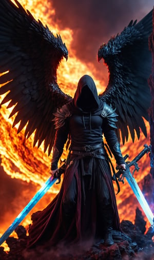 fallen bleeding faceless angel wearing a hood with a huge flaming sword and huge black wings kneeling standing on the abyss of death hell,Movie Still,LegendDarkFantasy