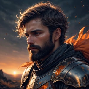  linquivera, coquelicot, bearded 30 years old man, sorrowful expression, faded elegance, poignant atmosphere, lost beauty, melancholic aura, hauntingly captivating, timeless grief, stark contrast, delicate decay, line art, backlighting, wind, backlighting, stardust,(wind:1.2), knight, orange blood