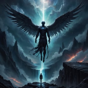 Generate hyperrealistic image of a dark art portrayal of a human with spectral wings, standing on the precipice of a celestial abyss, where realms of reality and unreality collide, exploring the boundary between the known and the unknown.Extremely Realistic, up close,