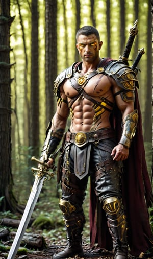 Spartacus, yellow eyes,  standing, full body, strong, with sword, forest, mountain,Stylish