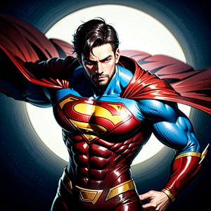 Superman, 40s year old, beard, all details black and red suit, big S symbol on the chest, red cover, strain of hair covering forehead, short cut hair, neat hair, tall, manly, hunk body, muscular, straight face, black hair, best quality, high resolution:1.2, masterpiece, raw photo, dark background, detailed suit, detailed face, upper body shot,Mature,flower4rmor,handsome male,Stylish
