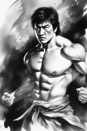 Jackie Chan close-up, angry expression, shirtless,  black cloth kung fu pants, black cloth belt, fighting posture, Chinese ink painting tiger, outdoor, Chinese ink painting, whole body,