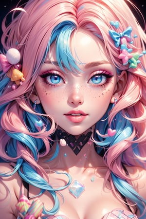 beautiful kawaii naughty girl, hyper detailed, cotton candy curly hair, candy freckles, bright makeup, holographic transparent candy dress, close-up portrait, highly detailed illustration, candyland character design, surrounded by swirls of ice cream and cream butter Pale pastel colors, bubblegum bubbles, gradient background. the candy girl