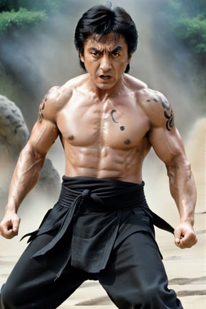 Jackie Chan close-up, angry expression, shirtless,  black cloth kung fu pants, black cloth belt, fighting posture, Chinese ink painting tiger, outdoor, Chinese ink painting, whole body,more detail XL,photo r3al,Movie Still