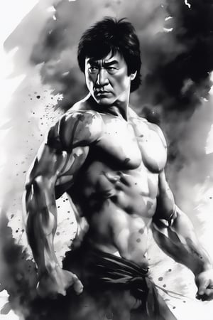 Jackie Chan close-up, angry expression, shirtless,  black cloth kung fu pants, black cloth belt, fighting posture, Chinese ink painting tiger, outdoor, Chinese ink painting, whole body,