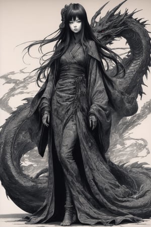 Ink drawing of the silent lady of the forgotten battleground, full body, dramatic, by Tsutomu Nihei, Shizukanajose dragon style, mysterious vibe, silky hair, black intricate robe, incredible color palette, Realistic, ultra detailed, intricate details, high contrast, highly detailed, hyper detailed, insanely detailed, accurate details, maximum texture, detailed texture., photorealistic