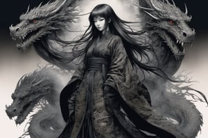 Ink drawing of the silent lady of the forgotten battleground, full body, dramatic, by Tsutomu Nihei, Shizukanajose dragon style, mysterious vibe, silky hair, black intricate robe, incredible color palette, Realistic, ultra detailed, intricate details, high contrast, highly detailed, hyper detailed, insanely detailed, accurate details, maximum texture, detailed texture.,photorealistic