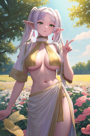 ((masterpiece,best quality, betterhands,5_fingered, detailed_background,complex_bg, detailed,flower field, outdoor)((sexy pose,breast_curtain ,pelvic_curtain,side-boob,frieren, long hair, twintails, (green eyes:1.5), white hair,gray hair, pointy ears, elf)),((saree, wearing saree,indian clothing,saree,infian saree,sideslit)),sari,Frieren, jewelry, earrings