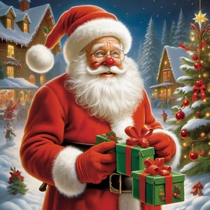 Santa Claus stands at the center of the frame, exuding the timeless charm of the holiday season. His iconic red suit is adorned with fluffy white fur trim, perfectly contrasting the bold shade of crimson. The coat, fastened with a thick black belt and a polished golden buckle, cinches around his rotund belly. The suit's cuffs peek out from underneath a pair of immaculate, snow-white gloves that he wears with a jolly demeanor.

Santa's robust, rosy cheeks are framed by a well-groomed, snowy white beard that cascades down to his chest. His friendly, twinkling eyes, framed by round spectacles, radiate warmth and merriment. A cherry-red nose adds a playful touch to his cheerful countenance.

Upon Santa's head rests a plush, fur-trimmed hat, matching the ensemble, with a fluffy white pom-pom hanging delicately at the tip. The hat sits jauntily atop his head, completing the quintessential look of the beloved gift-giver.

In one hand, Santa holds a carefully wrapped present, adorned with festive paper and a perfectly tied bow. The other hand, raised in a gesture of merriment, holds a sleigh bell that chimes with the joyful sound of the holiday spirit.

This detailed image prompt of Santa Claus captures the classic and heartwarming essence of the beloved character, ready to bring joy and gifts to all.