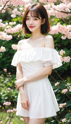 happy girl, short hair, bangs, white dress off shoulder, necklace, standing in blossom flower field, sunny, blue sky, daylight, RAW photo, realistic, masterpiece, best quality, smooth skin, beautiful skin, shinny hair, shiny skin, medium shot, sunnylorashy, look at the viewer,