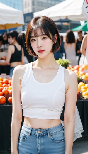 1girl, short hair, bangs, wear white cropped tank top and short jeans, standing outdoor market, sunny, blue sky, daylight, RAW photo, realistic, masterpiece, best quality, smooth skin, beautiful skin, shinny hair, shiny skin, medium shot, sunnylorashy, look at the viewer