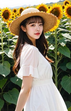 1girl, wearing a straw hat and summer dress, bangs, The wind blows my long hair, standing  in sunflower field, sunny, RAW photo, realistic, masterpiece, best quality, smooth skin, beautiful skin, medium shot, sunnylorashy,