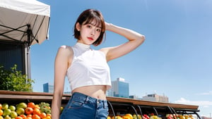 1girl, short hair, bangs, wear white crop sleeveless_shirt and short jeans, standing outdoor market, sunny, blue sky, daylight, RAW photo, realistic, masterpiece, best quality, smooth skin, beautiful skin, shinny hair, shiny skin, medium shot, sunnylorashy, look at the viewer