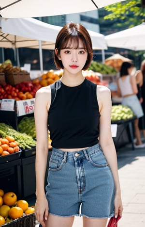 1girl, short hair, wearing sleeveless_shirt and jeans shorts ,bangs, standing outdoor market, sunny, RAW photo, realistic, masterpiece, best quality, smooth skin, beautiful skin, medium shot, sunnylorashy,