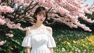 1girl, short hair, bangs, white dress off shoulder, necklace, standing in blossom flower field, sunny, blue sky, daylight, RAW photo, realistic, masterpiece, best quality, smooth skin, beautiful skin, shinny hair, shiny skin, medium shot, sunnylorashy, look at the viewer,