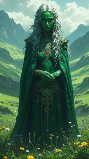 Create an ultra-realistic, extremely detailed digital art image in the style of Zack Snyder, depicting Cailleach Mhuire, the mythical guardian of Ireland. Cailleach Mhuire stands tall and imposing, resembling a majestic woman blended with the essence of a formidable mountain, her deep emerald green skin reflecting the lush rolling hills of Ireland. Her long hair cascades like flowing waterfalls, shimmering in shades of silver and blue, echoing the colors of the ocean and skies. She wears a cloak woven from moss and wildflowers, adorned with intricate ancient Celtic patterns that tell stories of Ireland’s rich past. Her vibrant stormy gray eyes reflect the ever-changing Irish weather, while her weathered yet powerful hands symbolize her ability to shape the land. The background showcases Ireland’s breathtaking landscapes, with rolling hills, misty mountains, and wildflowers in bloom, enveloped in a mystical atmosphere created by soft lighting and ethereal fog, enhancing her enchanting presence as the protector of nature.