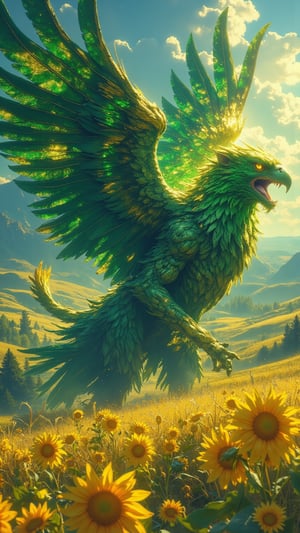 An ethereal griffin known as **Zeleniy Viter** (Green Wind) soars majestically above the lush landscapes of Ukraine, combining the powerful body of a golden eagle with the front legs of a lion, symbolizing strength and courage. Its vivid green plumage shimmers in the sunlight, reflecting the expansive fields of wheat and dense forests that characterize the region. Intricate patterns inspired by traditional Ukrainian embroidery adorn its large wings, adding a splash of vibrant colors reminiscent of sunflower fields. Bright amber eyes radiate wisdom and a deep connection to the land, while the background features rolling hills, golden fields, and a clear blue sky. The scene captures the essence of Ukrainian culture and natural beauty, filled with a sense of harmony and resilience, all rendered in ultra-realistic detail with dramatic lighting and cinematic flair, reminiscent of Zack Snyder's style.