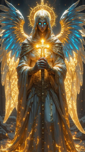 Create an ultra-realistic, extremely detailed digital art image in the style of Zack Snyder, depicting Custodia, the mythical guardian of Vatican City. Custodia appears as a magnificent angelic figure, with radiant, ethereal wings shimmering in golden and silver hues, reminiscent of the stunning stained glass found in the Vatican's basilicas. Its human-like form glows with an otherworldly light, draped in flowing robes adorned with intricate patterns inspired by Renaissance art. The serene face of Custodia features deep blue eyes that reflect compassion and wisdom, surrounded by a halo of radiant light. In its hands, it holds a staff topped with a luminous cross, symbolizing faith and guidance. The background showcases the iconic architecture of Vatican City, including St. Peter's Basilica, bathed in soft, warm light, creating an atmosphere of tranquility and divine protection, highlighting Custodia's role as the protector of faith and bearer of light.