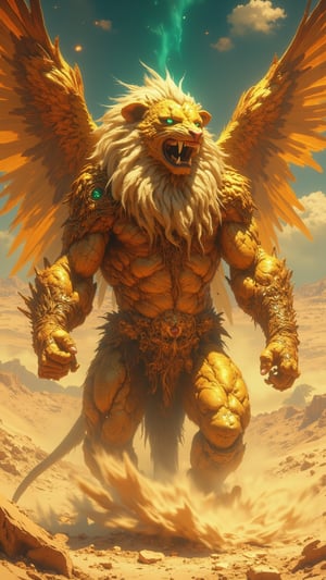 A majestic creature named Sirokoar, the guardian of Algeria, emerges from the golden sands of the Sahara. Its muscular body, covered in shimmering golden fur, reflects the scorching sunlight. Powerful wings stretch wide, with feathers in hues ranging from golden brown to deep orange, resembling the vibrant sunsets over the desert dunes. Its eyes glow a brilliant turquoise, like hidden desert oases, while its long tail ends in a fan of feathers, stirring up a swirling sandstorm around it. With a lion-like stance and the sharp gaze of a hawk, Sirokoar stands tall, symbolizing strength and resilience. Its surroundings are a harsh yet breathtaking desert landscape, with distant dunes, swirling sands, and the faint silhouette of the Atlas Mountains in the background. The scene captures a moment as Sirokoar’s roar echoes across the desert, summoning a storm with the winds twisting around it, under a dramatic sky of swirling clouds and approaching rain. Digital art in the ultra-realistic, highly detailed style of Zack Snyder, highlighting every muscle, feather, and grain of sand with extreme clarity, bringing the mythological being and the harsh beauty of Algeria to life.